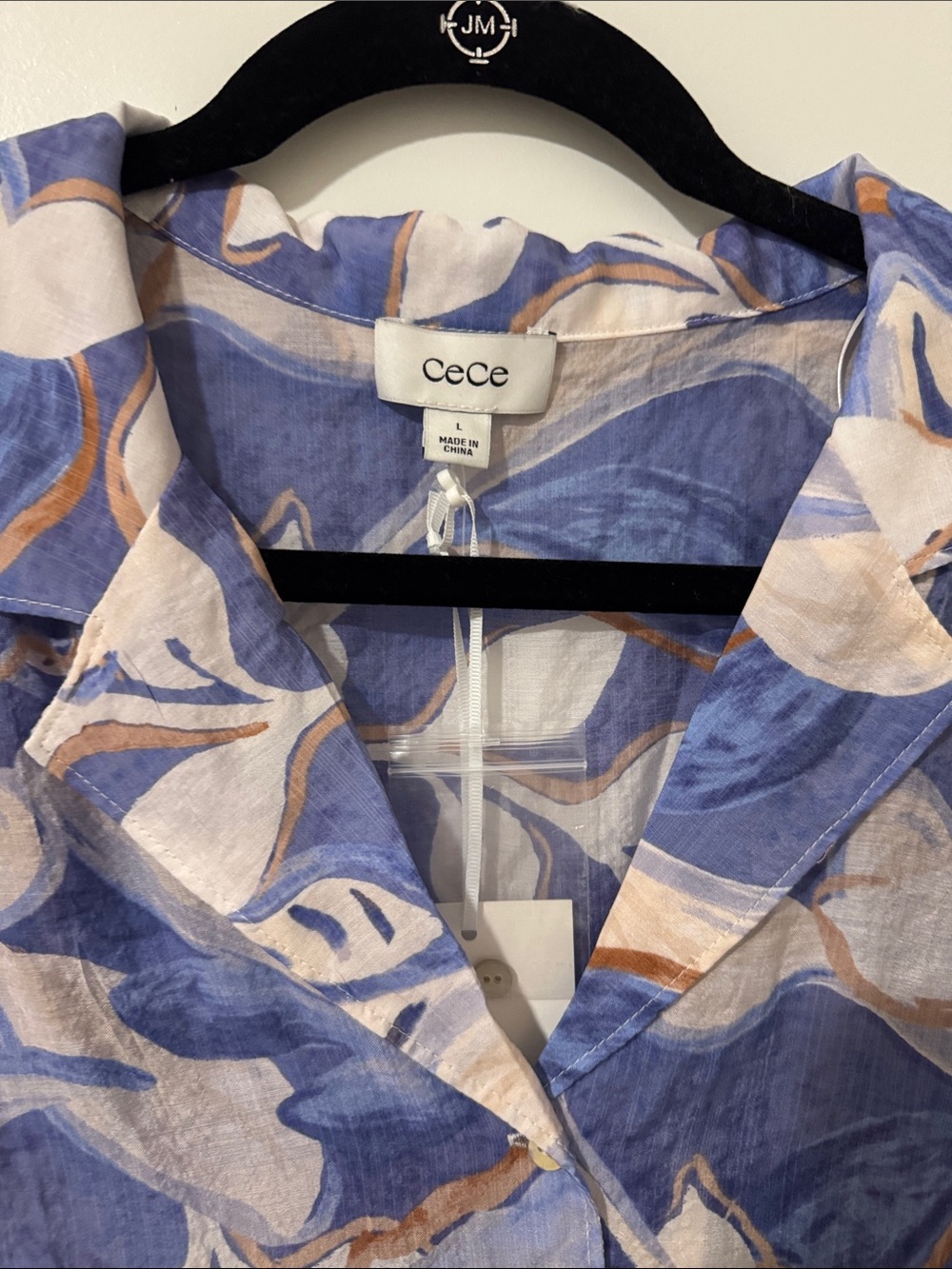 CeCe Blue and Cream Abstract Ruffle Button-Up Top - Picture 2 of 9